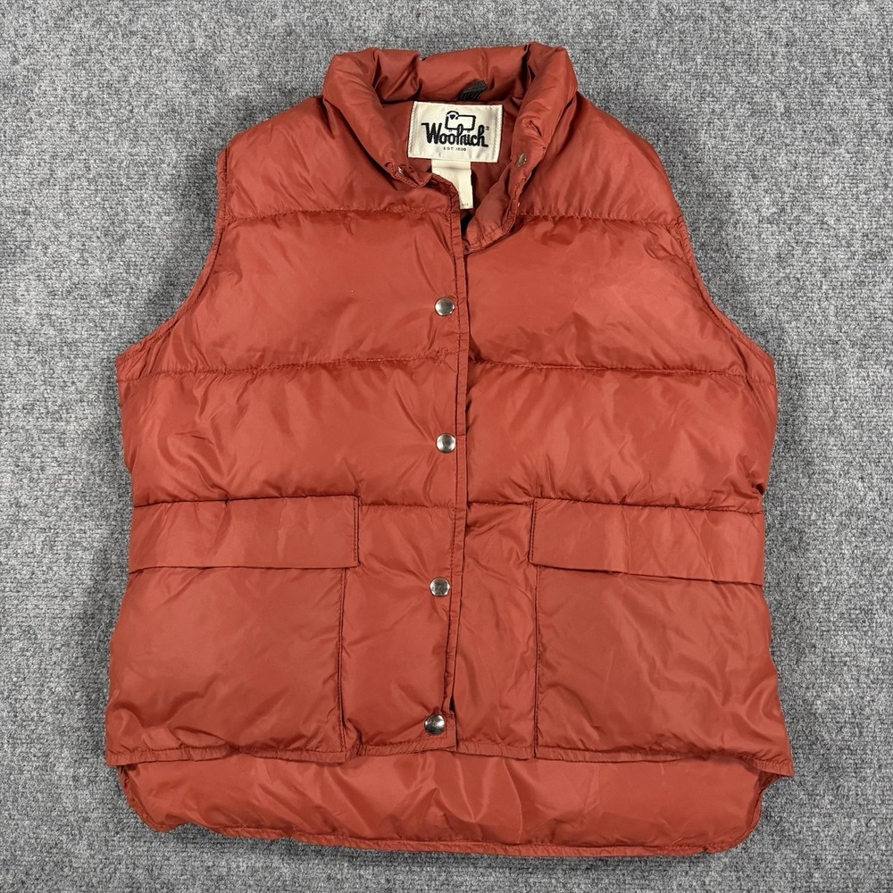 Vintage Woolrich Down Puffer Vest‎ Womens Large Orange Snap Button 80s 70s